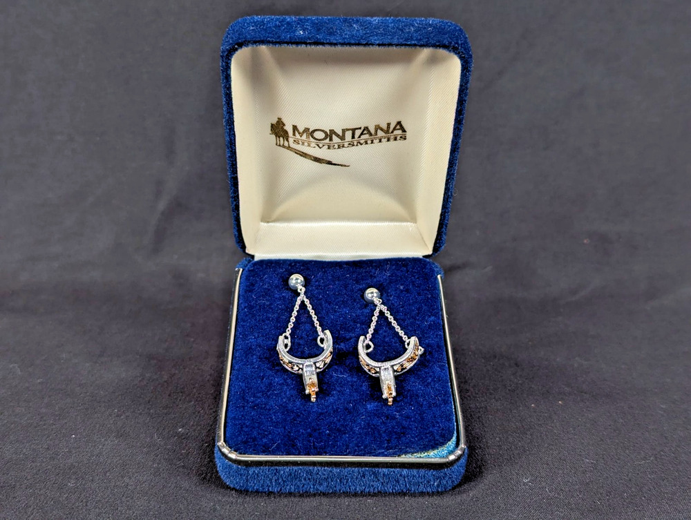 Montana Silversmiths Drop Earrings Western Spur Design Two-Tone Silver Gold Tone